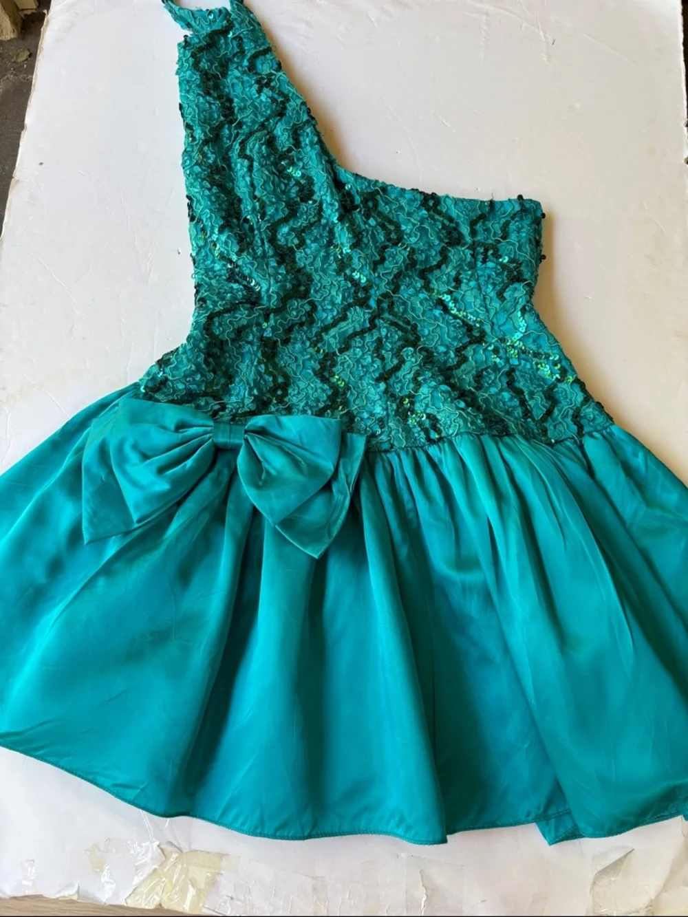 Vintage 80’s Sequin Party Dress Teal Bow Halter Bow Dropwaist Cocktail Dance 90’ - Picture 10 of 17